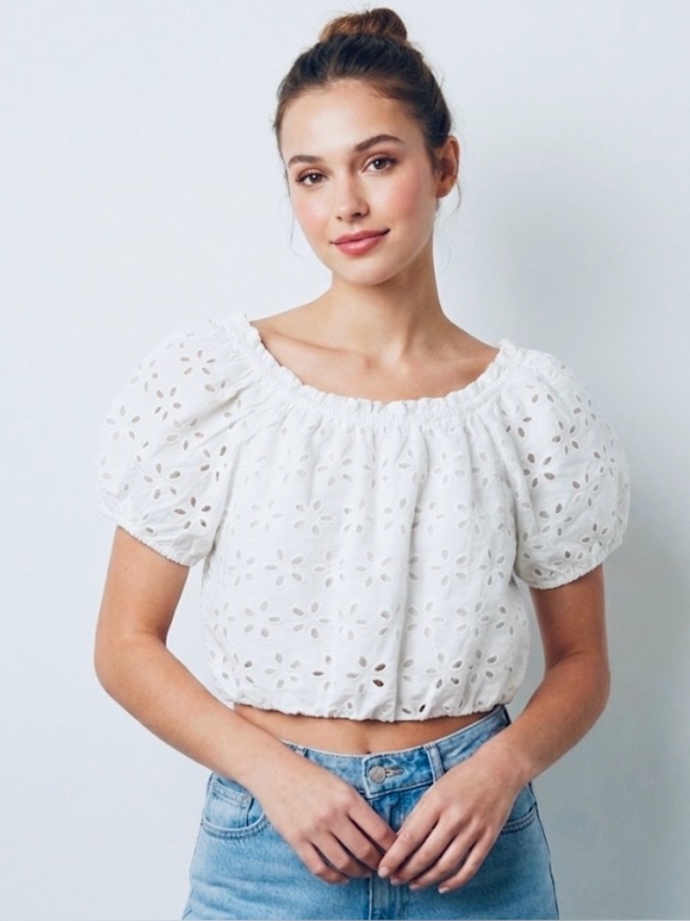 White Eyelet Puff Sleeve Cropped Top